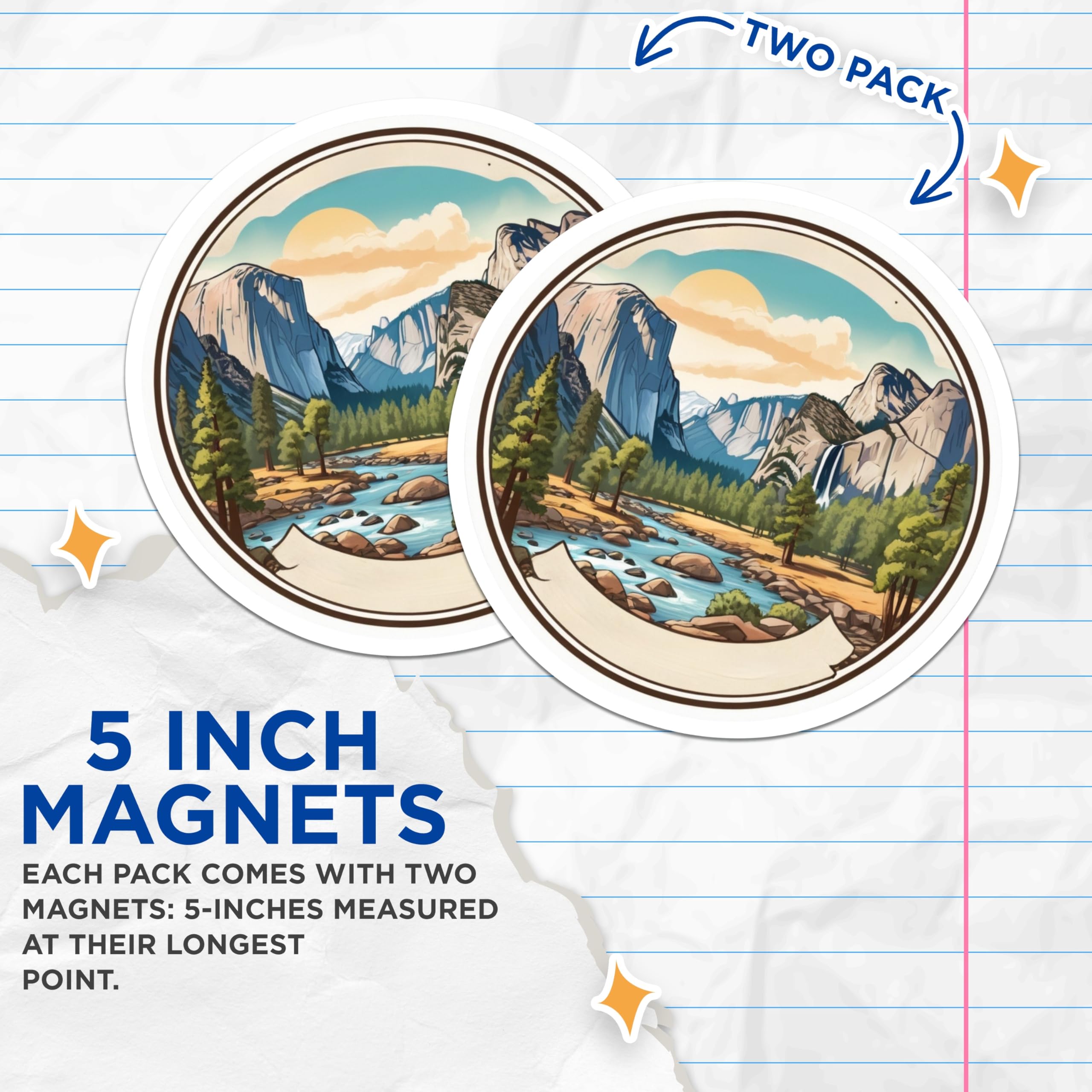 (2 Pack) National Park Magnets - Yosemite Valley Art - Mountain Landscape Decor - River Waterfall Scene - 5 Inches On Longest Side - Thick Durable Magnet - Made in USA - MAG22047