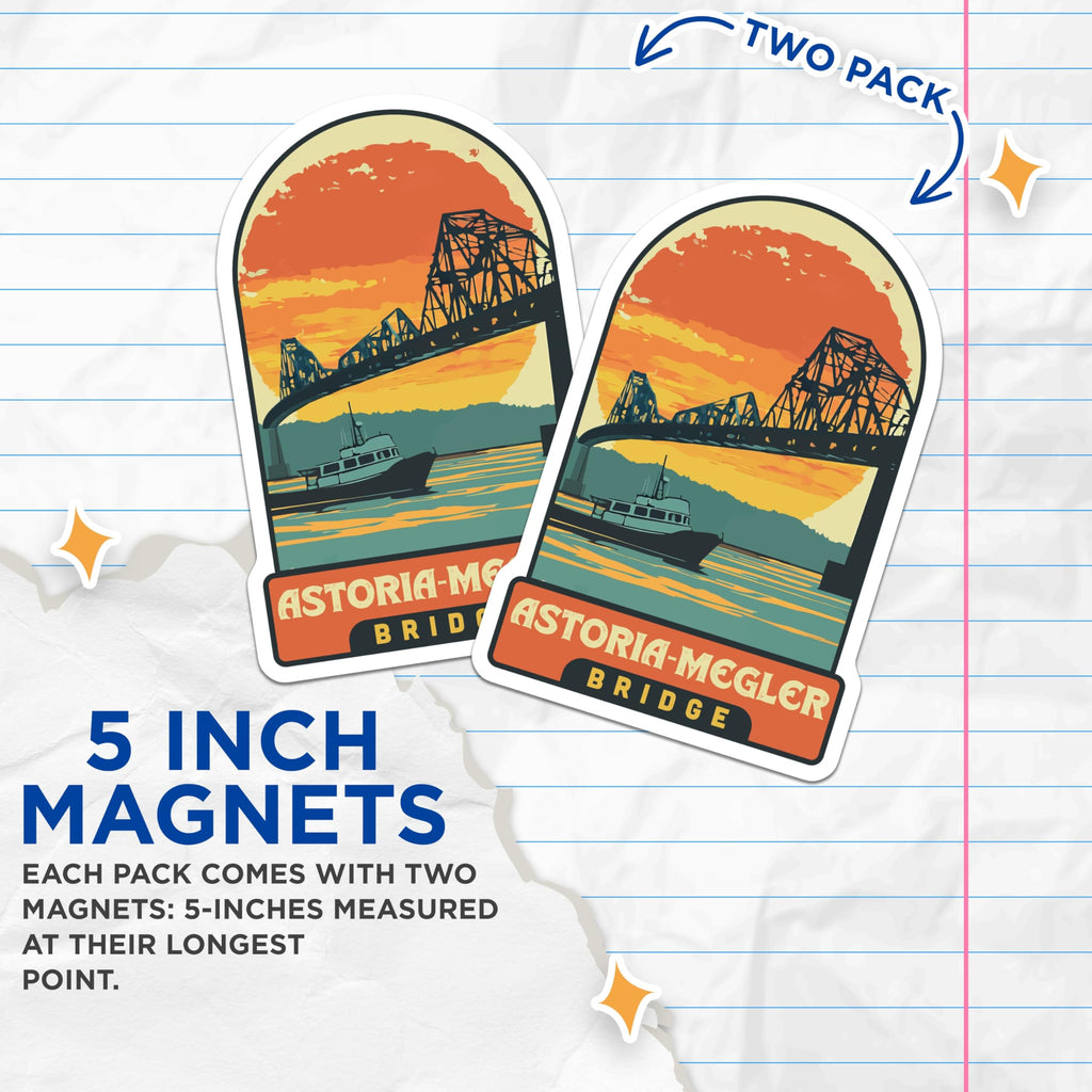 (2 Pack) Astoria Megler Bridge Magnets - Iconic Pacific Northwest Landmark - Columbia River Scenic View Souvenir - 5 Inches On Longest Side - Thick Durable Magnet - Made in USA - MAG19797