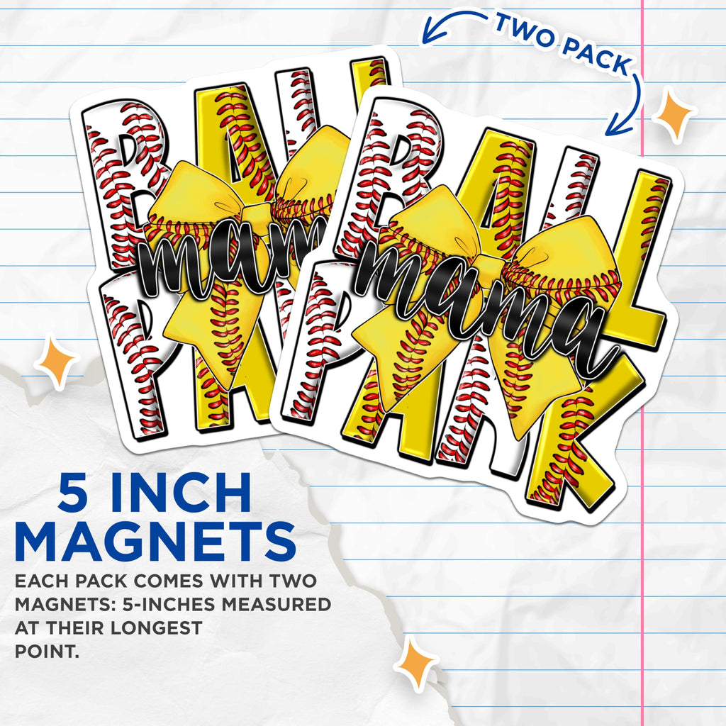 (2 Pack) Ballpark Mama Magnets - Baseball Mom Life - Softball Team Spirit - Sports Parent Decor - 5 Inches On Longest Side - Thick Durable Magnet - Made in USA - MAG28401
