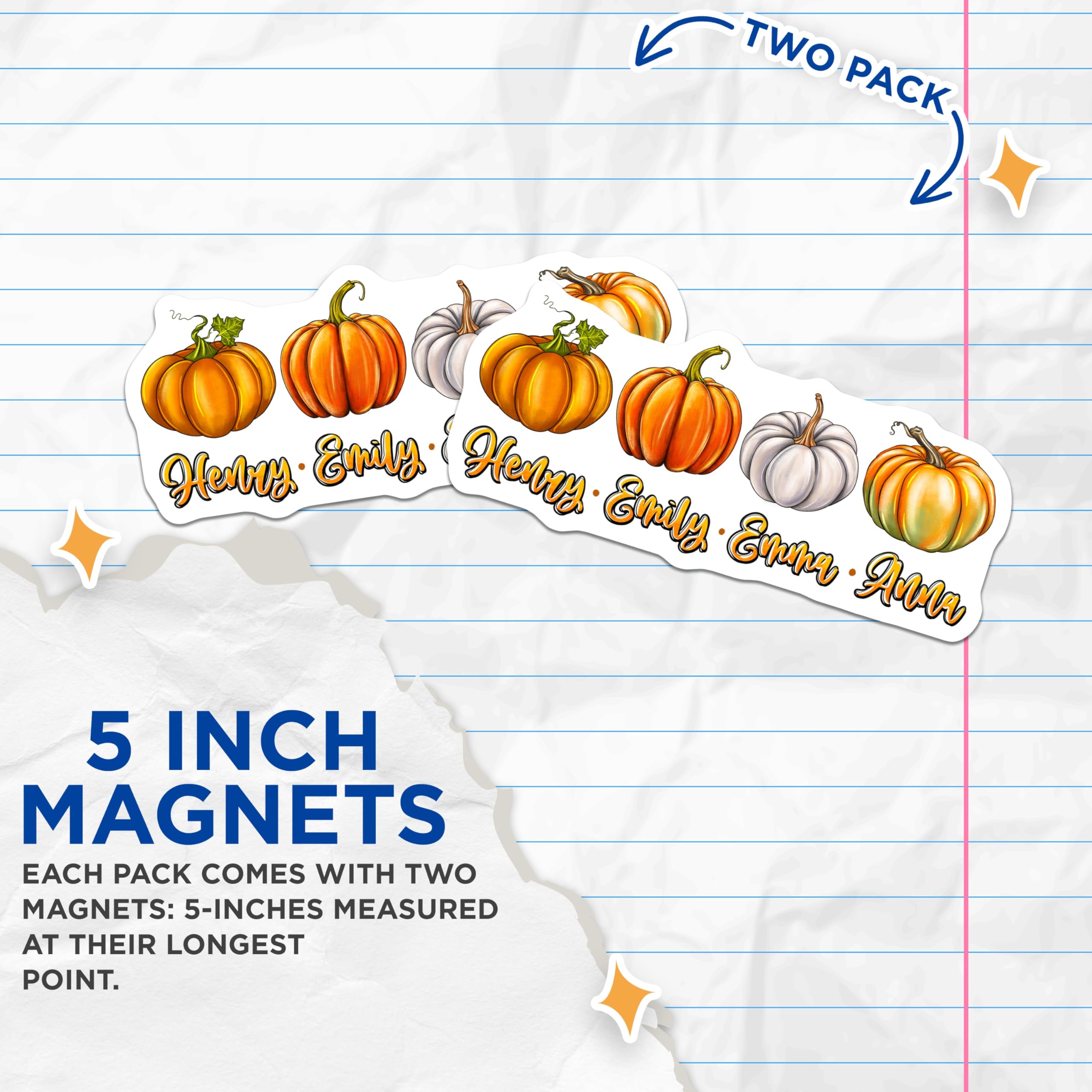 (2 Pack) Personalized Pumpkin Magnets - Fall Family Names - Autumn Kitchen Decor - 5 Inches On Longest Side - Thick Durable Magnet - Made in USA - MAG25028