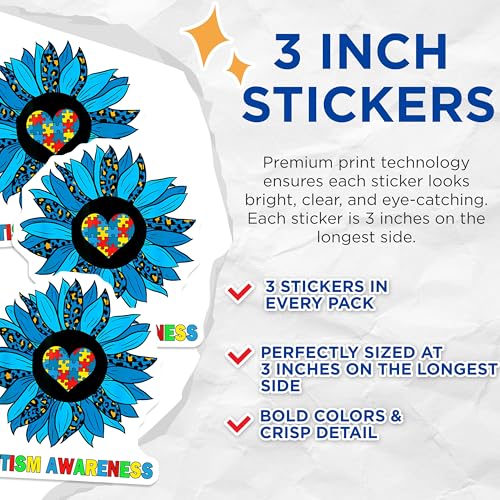 (3 Pack) Autism Awareness Decals - Sunflower Puzzle Heart - Laptop Car Decals - 3 Inches On Longest Side - Easy Peel & Apply - Made in USA - 3MCS2353