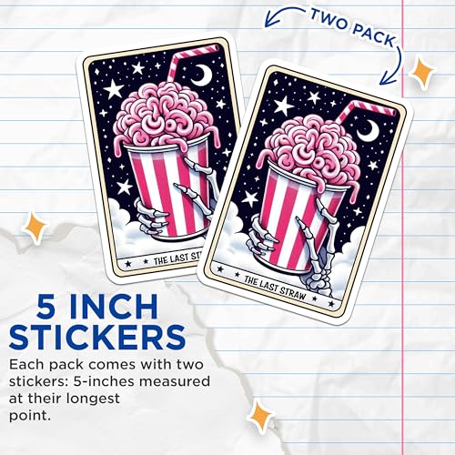 (2 Pack) The Last Straw Stickers - Skeleton Hand Sticker - Funny Brain Drink Sticker - Halloween Theme Sticker - 5" On Longest Side - Sticks to Smooth Flat Surfaces - Made in USA - BMCS4633