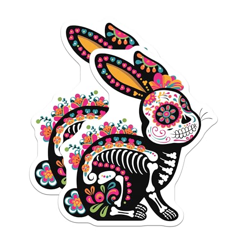 (2 Pack) Folk Art Skeleton Decor Magnet - Colorful Sugar Skull Bunny Design - 5" On Longest Side - Sticks to Smooth Flat Surfaces - Made in USA - MAG9466
