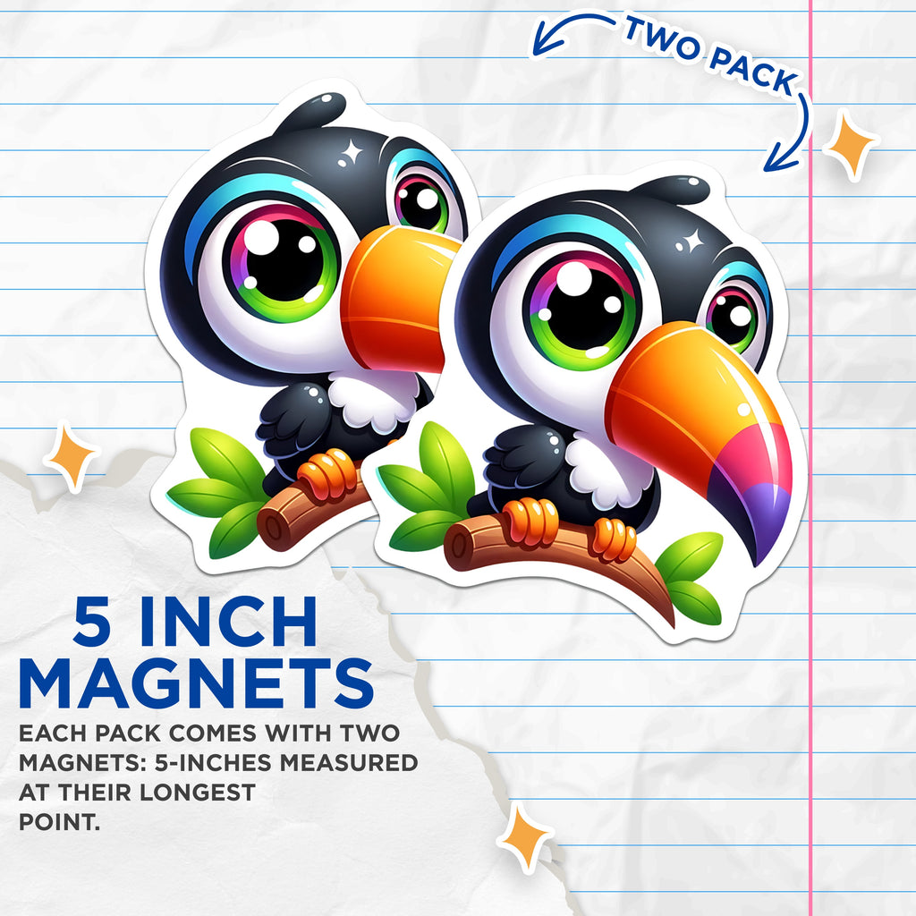 (2 Pack) Cute Toucan Magnets - Tropical Bird Decor - Kawaii Animal Refrigerator Art - Vibrant Kitchen Organizer - 5 Inches On Longest Side - Thick Durable Magnet - Made in USA - MAG39257