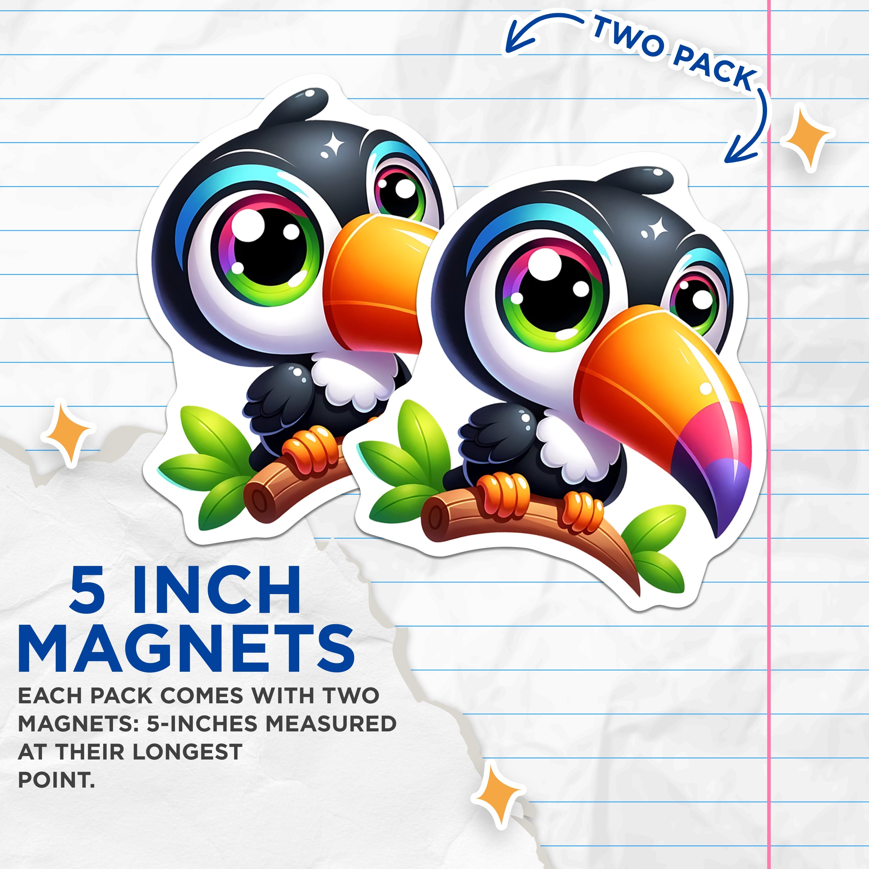 (2 Pack) Cute Toucan Magnets - Tropical Bird Decor - Kawaii Animal Refrigerator Art - Vibrant Kitchen Organizer - 5 Inches On Longest Side - Thick Durable Magnet - Made in USA - MAG39257