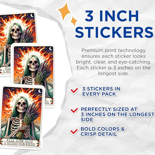 (3 Pack) Sage and Bridges Decals - Skeleton Laptop Decals - Tarot Card Inspired Decal - 3 Inches On Longest Side - Easy Peel & Apply - Made in USA - 3MCS4055