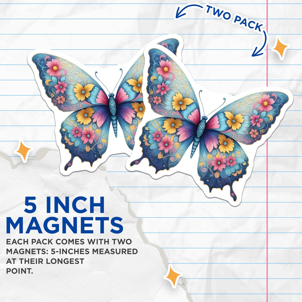 (2 Pack) Butterfly Magnets - Floral Insect - Decorative Fridge Magnets - 5" On Longest Side - Premium Magnet - for Cars, Refrigerators, Toolboxes, Lockers - Made in USA - MAG15300