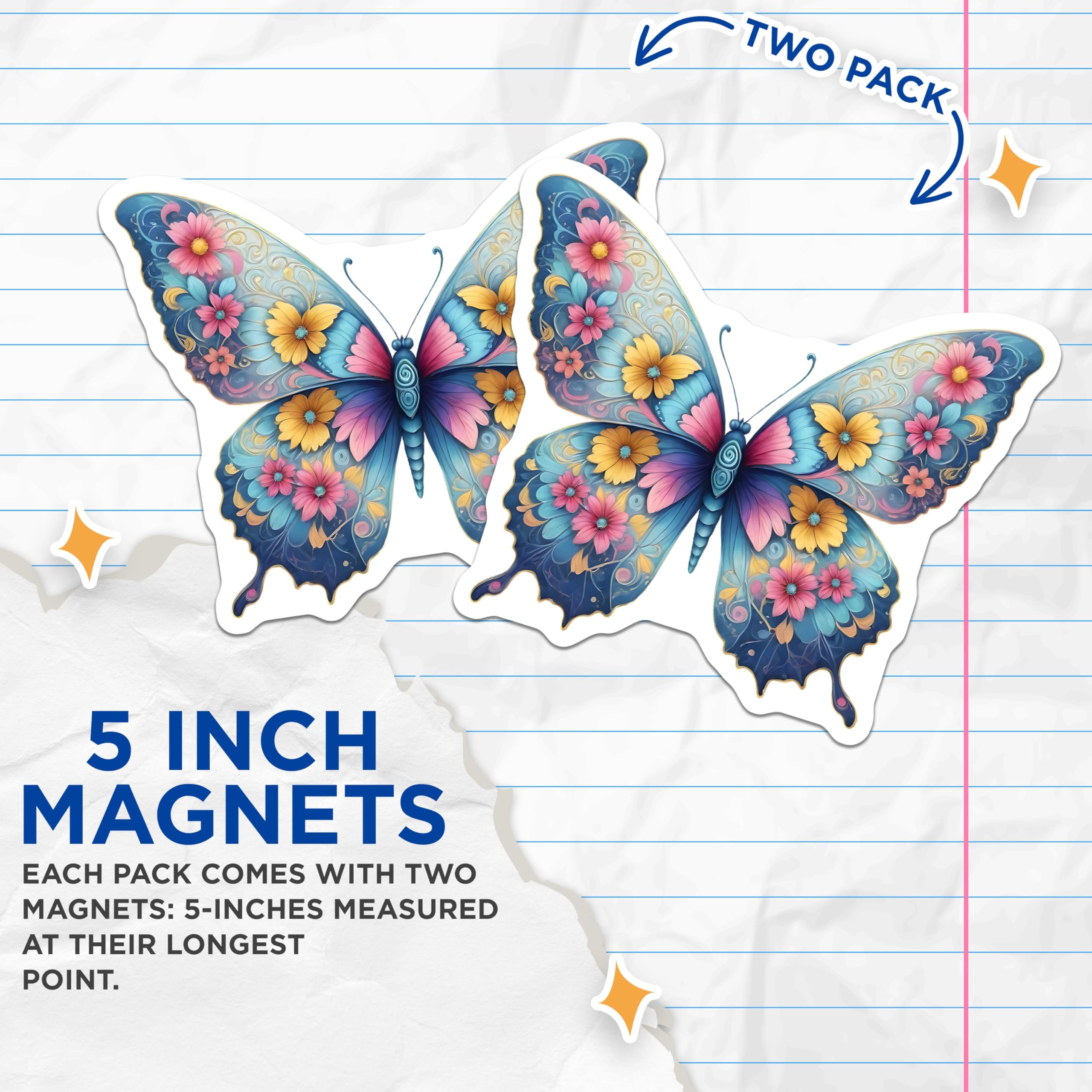(2 Pack) Butterfly Magnets - Floral Insect - Decorative Fridge Magnets - 5" On Longest Side - Premium Magnet - for Cars, Refrigerators, Toolboxes, Lockers - Made in USA - MAG15300
