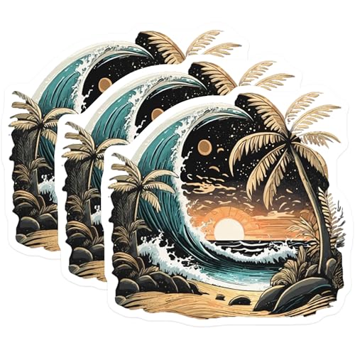 (3 Pack) Beach Sunset Decals - Ocean Wave - Palm Tree Decals - 3 Inches On Longest Side - Easy Peel & Apply - Made in USA - 3MCS8021