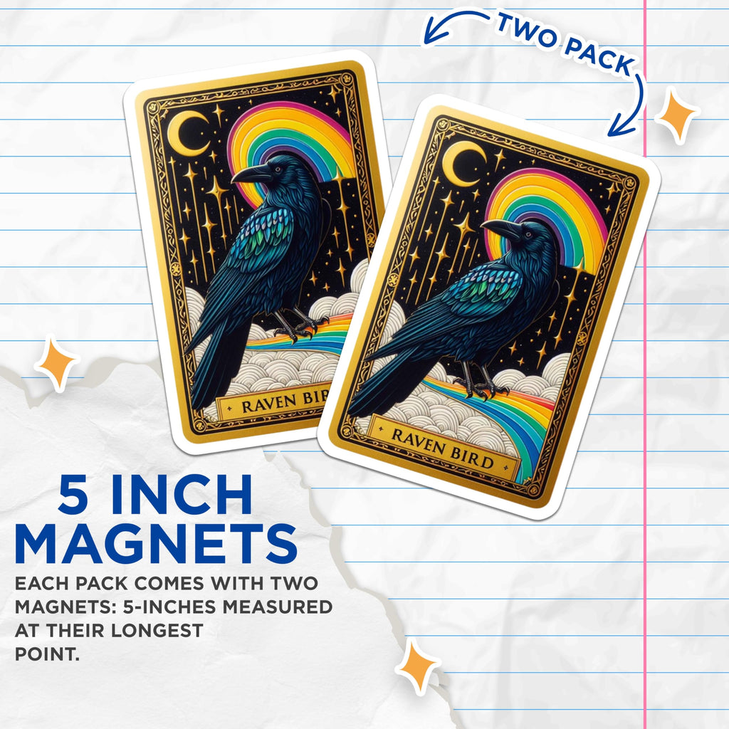 (2 Pack) Raven Magnets - Mystical Bird Decor - Rainbow Moon Stars Fridge Magnets - Celestial Witchy Kitchen Aesthetic - 5 Inches On Longest Side - Thick Durable Magnet - Made in USA - MAG20768