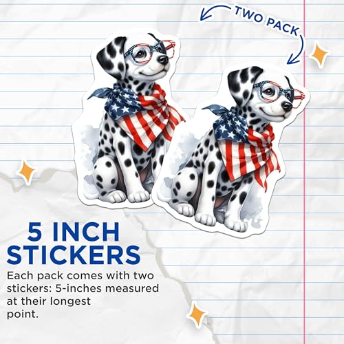 (2 Pack) Dalmatian Dog Stickers - Cute Puppy - American Flag Scarf - Playful Pet Decor - 5" On Longest Side - Sticks to Smooth Flat Surfaces - Made in USA - BMCS6440