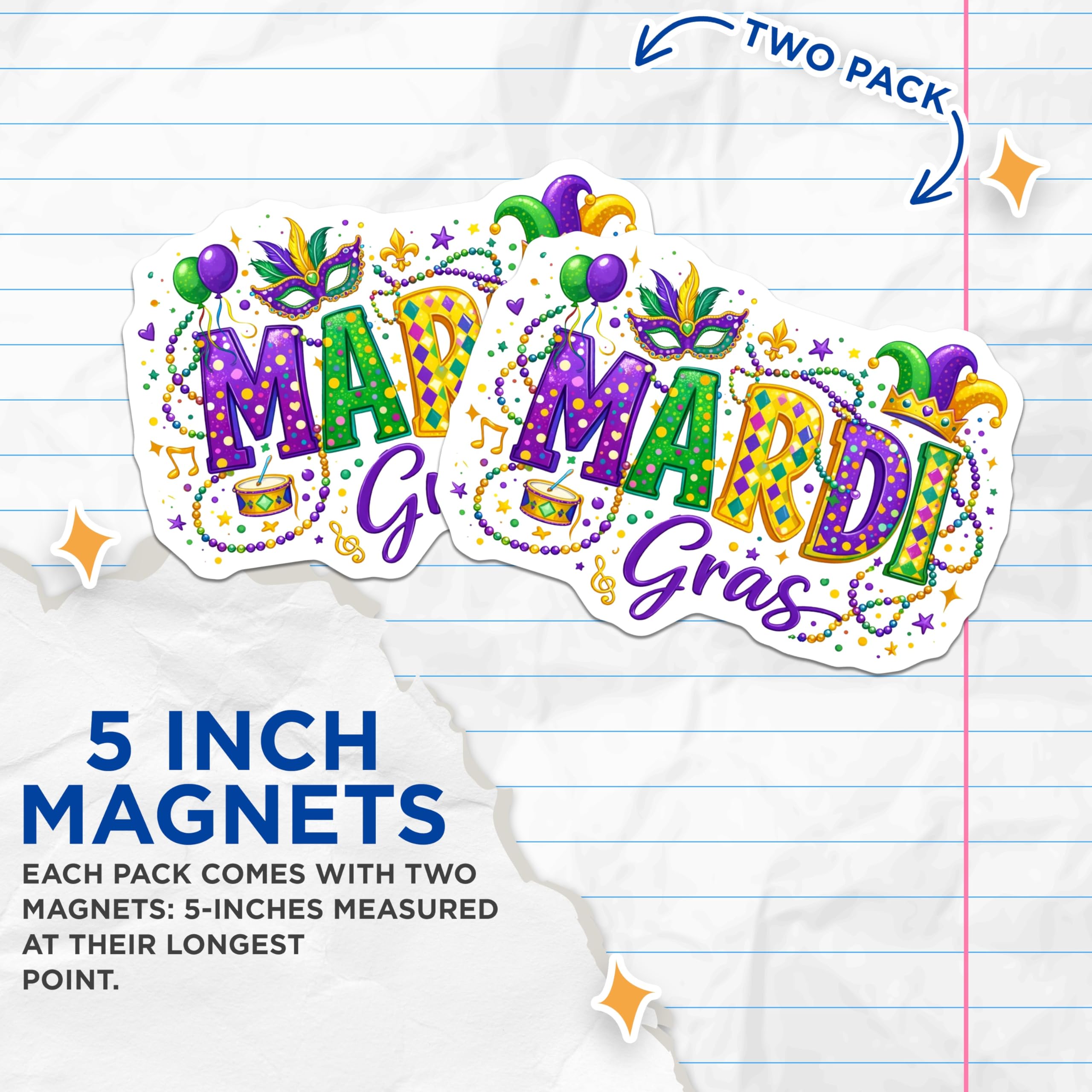 (2 Pack) Mardi Gras Magnets - Carnival Celebration Decor - New Orleans Party Fridge Magnet - 5" On Longest Side - Premium Magnet - for Cars, Refrigerators, Toolboxes, Lockers - Made in USA - MAG17077