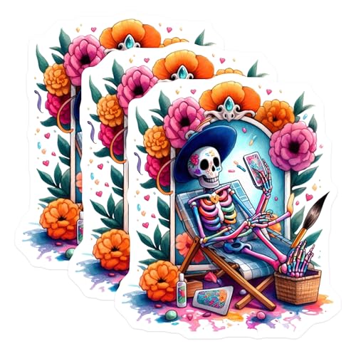 (3 Pack) Day of The Dead Decals - Chill Skeleton - Floral Art Decals - 3 Inches On Longest Side - Easy Peel & Apply - Made in USA - 3MCS8185