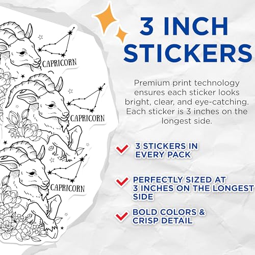 (3 Pack) Capricorn Decals - Zodiac Sign Stickers - Floral Astrology Decals - 3 Inches On Longest Side - Easy Peel & Apply - Made in USA - 3MCS4619