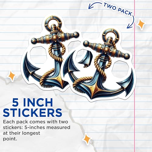(2 Pack) Nautical Anchor Stickers - Ocean Marine Decor - Graphic Sea Art - 5" On Longest Side - Sticks to Smooth Flat Surfaces - Made in USA - BMCS6442