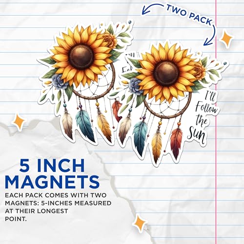 (2 Pack) Sunflower Dreamcatcher Magnets - Floral Inspirational Magnets - Bohemian Home Decor Magnets- 5" On Longest Side - for Fridges, Toolboxes, Cars - Made in USA - MAG2569