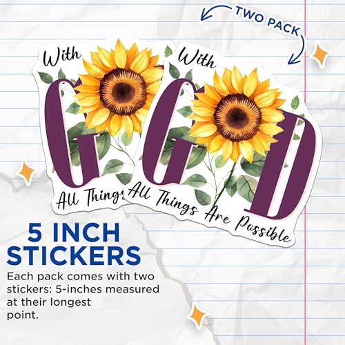 (2 Pack) with God All Things are Possible Stickers - Inspirational Sunflower Decal - 5" On Longest Side - Sticks to Smooth Flat Surfaces - Made in USA - BMCS8580 - BMCS8580