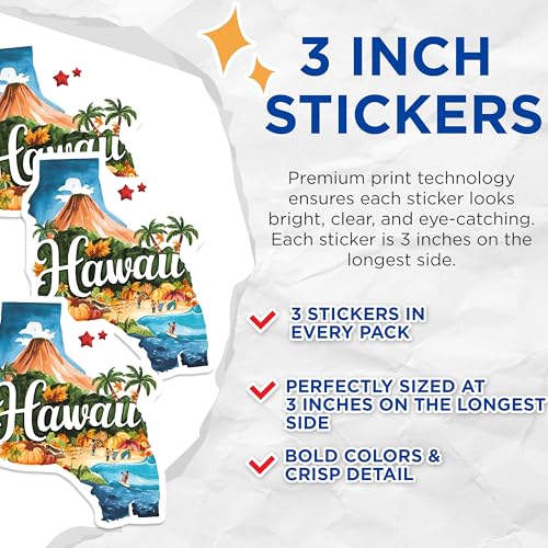 (3 Pack) Hawaii Decals - Island Vibes - Tropical Beach- 3 Inches On Longest Side - Easy Peel & Apply - Made in USA - 3MCS5062