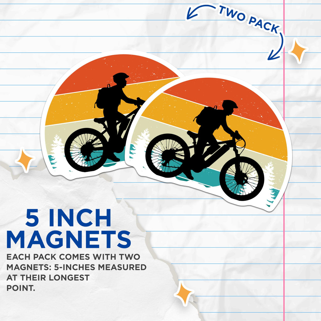 (2 Pack) Mountain Biker Magnets - Retro Sunset Cycling - Outdoor Adventure Decor - 5 Inches On Longest Side - Thick Durable Magnet - Made in USA - MAG20439