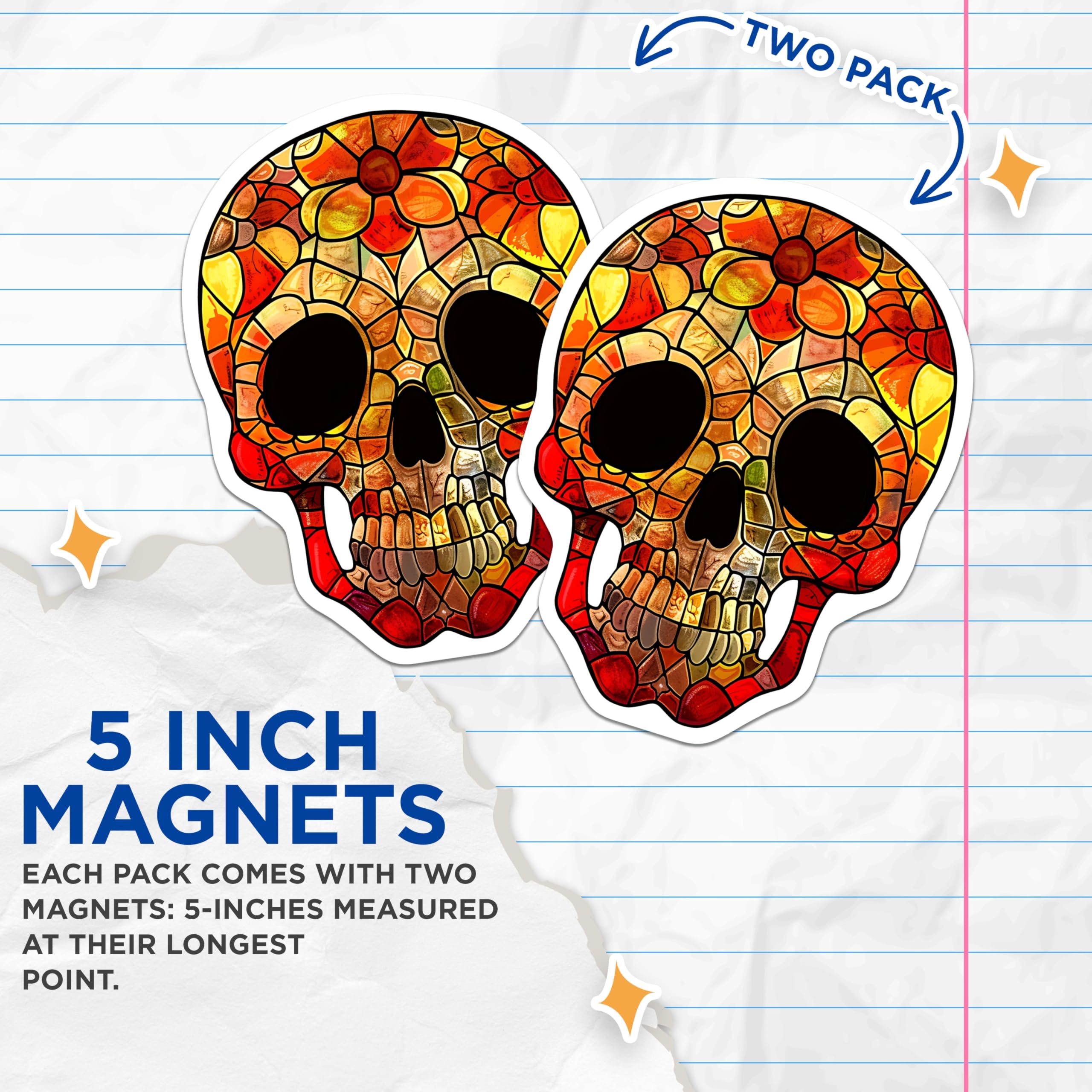 (2 Pack) Skull Magnets - Stained Glass - Colorful Sugar Skull - 5" On Longest Side - Premium Magnet - for Cars, Refrigerators, Toolboxes, Lockers - Made in USA - MAG17111