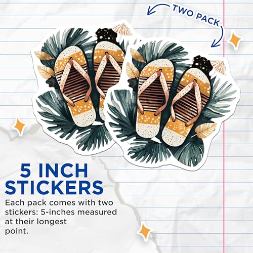 (2 Pack) Summer Beach Flip Flops Stickers - Tropical Vacation - Relaxing Summer Vibes - 5" On Longest Side - Sticks to Smooth Flat Surfaces - Made in USA - BMCS9331
