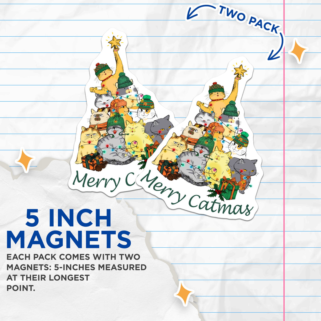 (2 Pack) Merry Catmas Magnets - Cute Cat Holiday Decor - Feline Christmas Refrigerator - Fun Pet Lover Present - 5 Inches On Longest Side - Thick Durable Magnet - Made in USA - MAG37141