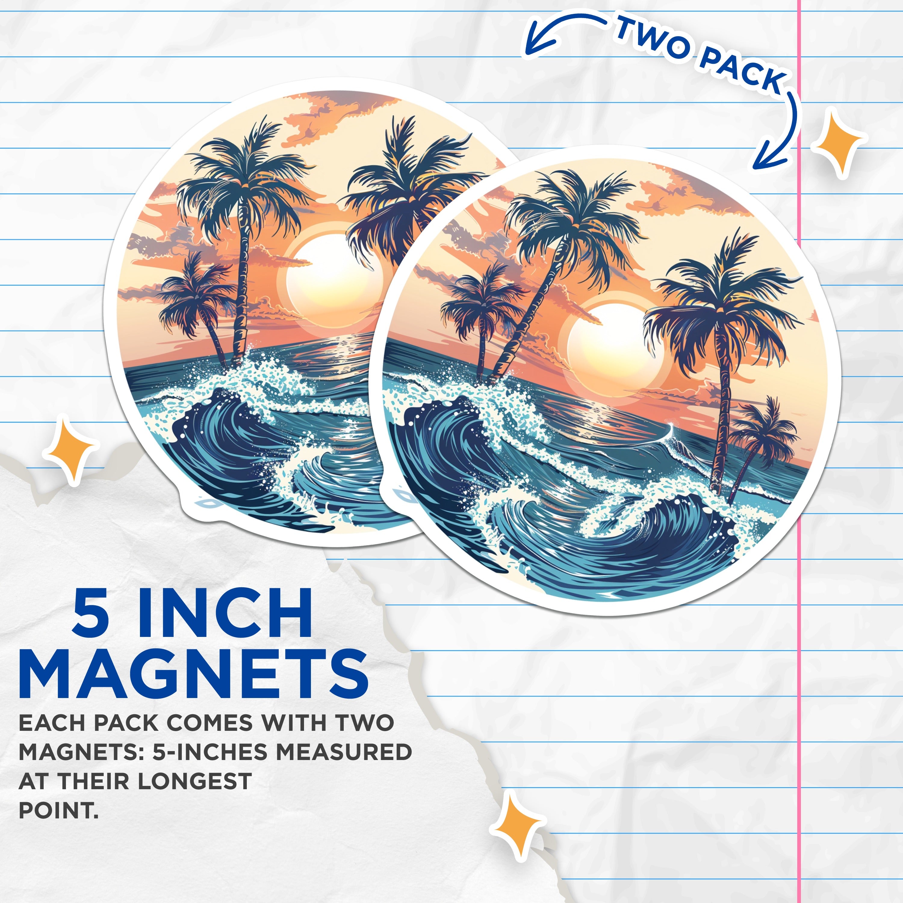 (2 Pack) Tropical Beach Magnets - Sunset Ocean Waves - Retro Palm Tree Art Fridge - 5 Inches On Longest Side - Thick Durable Magnet - Made in USA - MAG37040