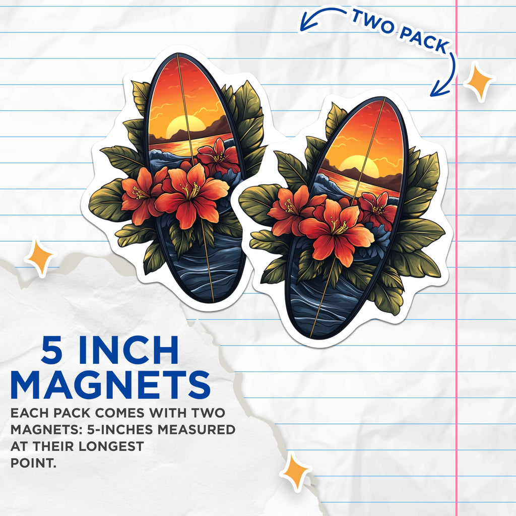(2 Pack) Surfboard Sunset Magnets - Tropical Hibiscus Decor - Hawaiian Ocean Scene - Beach Vibe Accent - 5 Inches On Longest Side - Thick Durable Magnet - Made in USA - MAG29562