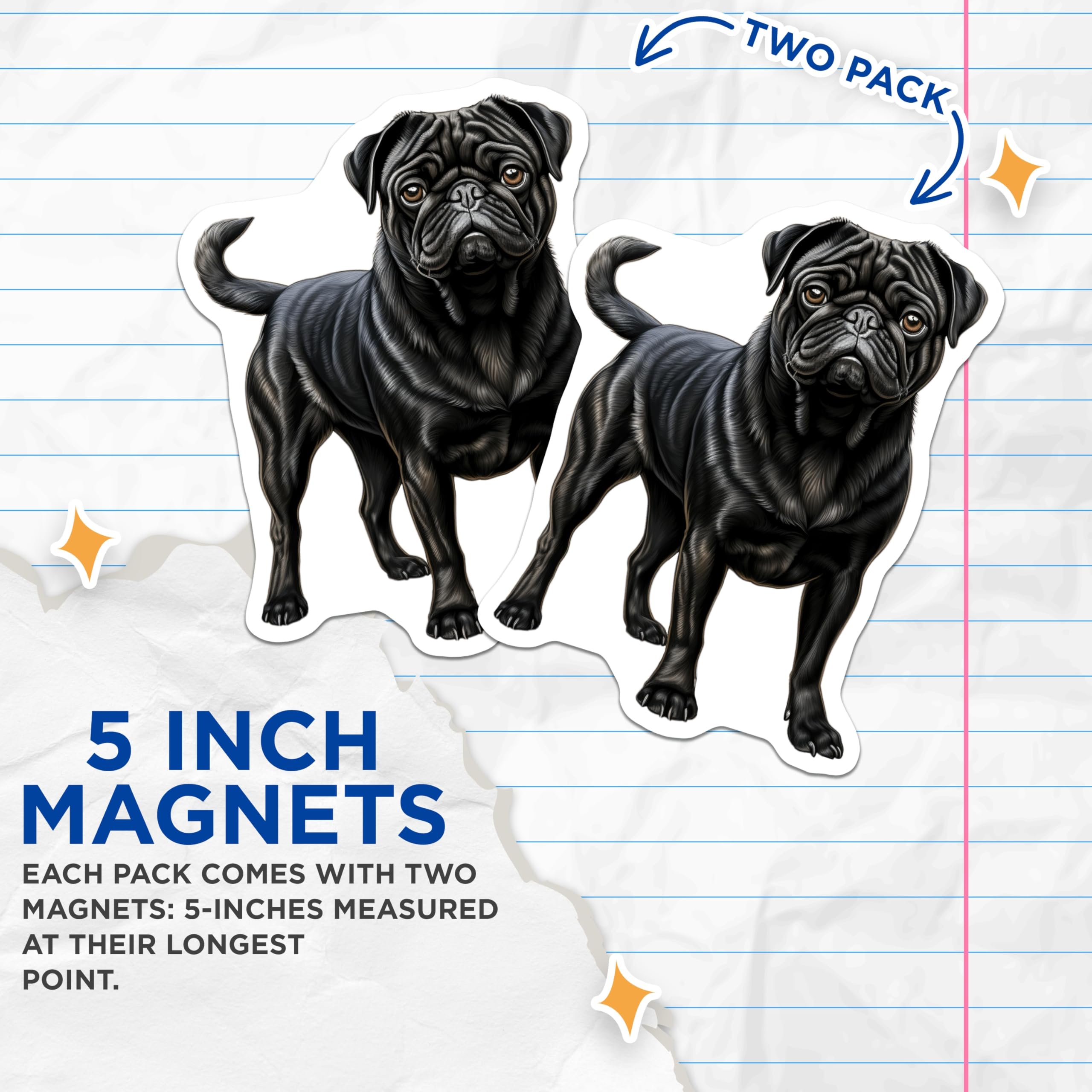 (2 Pack) Black Pug Dog Magnets - Pet Lover Refrigerator Decor - Cute Animal Art Home Accessory - 5 Inches On Longest Side - Thick Durable Magnet - Made in USA - MAG26581