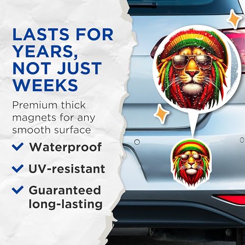 (2 Pack) Rasta Lion Magnets - Cool Reggae Animal - Unique Fridge - Jamaican Vibes - Colorful Lion Head - 5" On Longest Side - for Cars, Fridges, Toolboxes - Made in USA - MAG4385