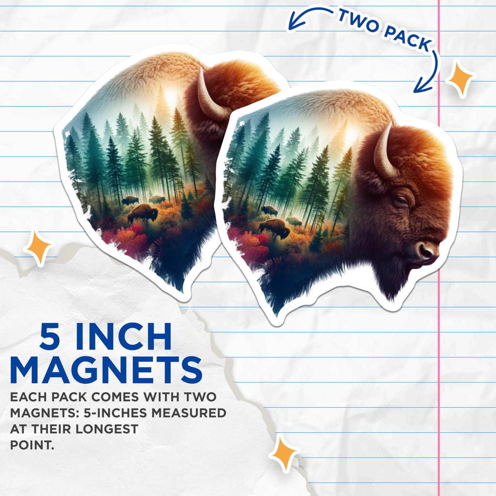(2 Pack) Bison Magnets - Wildlife Fridge Decor - Forest Animal Design - 5" On Longest Side - Premium Magnet - for Cars, Refrigerators, Toolboxes, Lockers - Made in USA - MAG16286