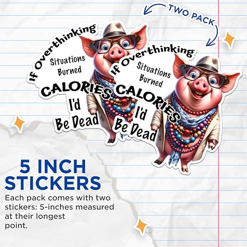 (2 Pack) Funny Overthinking Pig Stickers - Hilarious Cartoon Character Stickers - Cute Pig Wearing Glasses Stickers - 5" On Longest Side - Sticks to Any Smooth Flat Surface - Made in USA - BMCS2928