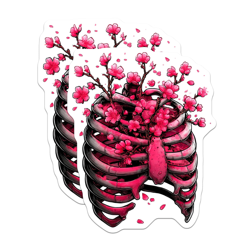 (2 Pack) Cherry Blossom Rib Cage Magnets - Gothic Floral Anatomy Art - Spiritual Macabre Aesthetic Refrigerator Decor - 5 Inches On Longest Side - Thick Durable Magnet - Made in USA - MAG22349