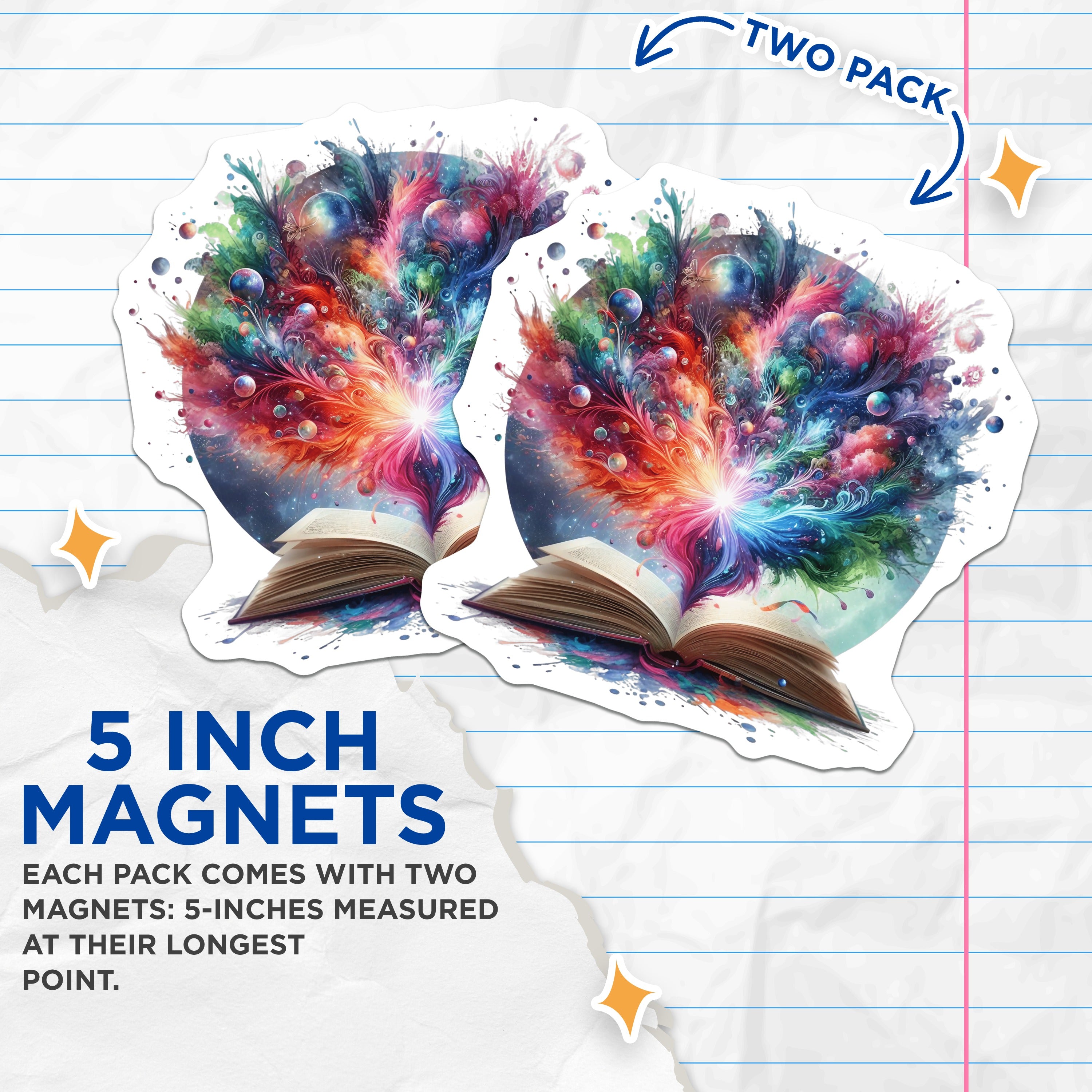 (2 Pack) Whimsical Book Lover Magnets - Vibrant Fantasy Reading Art - Ethereal Cosmic Imagination Decor - 5 Inches On Longest Side - Thick Durable Magnet - Made in USA - MAG37929