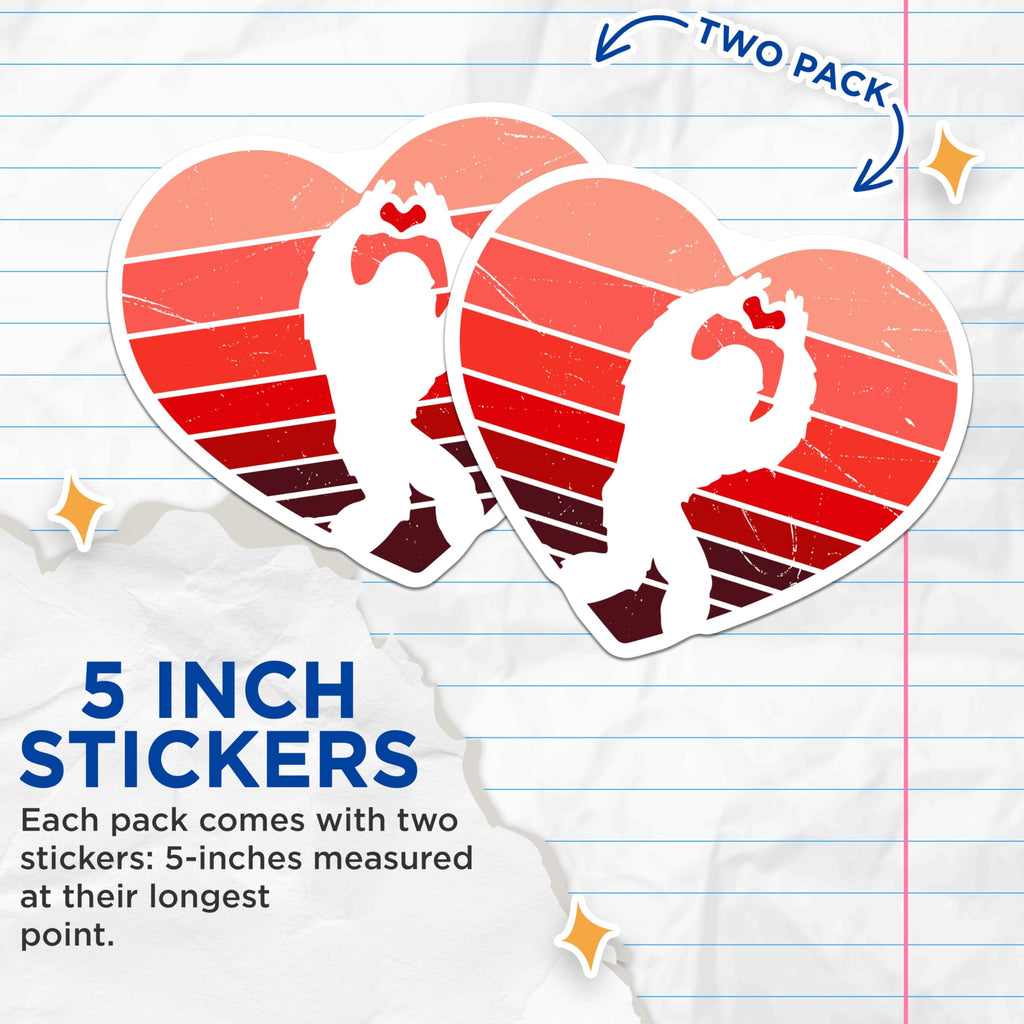 (2 Pack) Bigfoot Stickers - Sasquatch Heart - Cryptozoology Lovers- 5" On Longest Side - Sticks to Smooth Flat Surfaces - Made in USA - BMCS16757