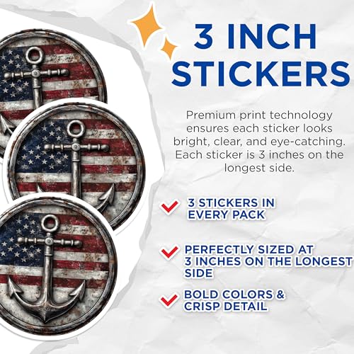 (3 Pack) American Flag Anchor Decals - Nautical Theme Stickers - Laptop Decal - 3 Inches On Longest Side - Easy Peel & Apply - Made in USA - 3MCS8198