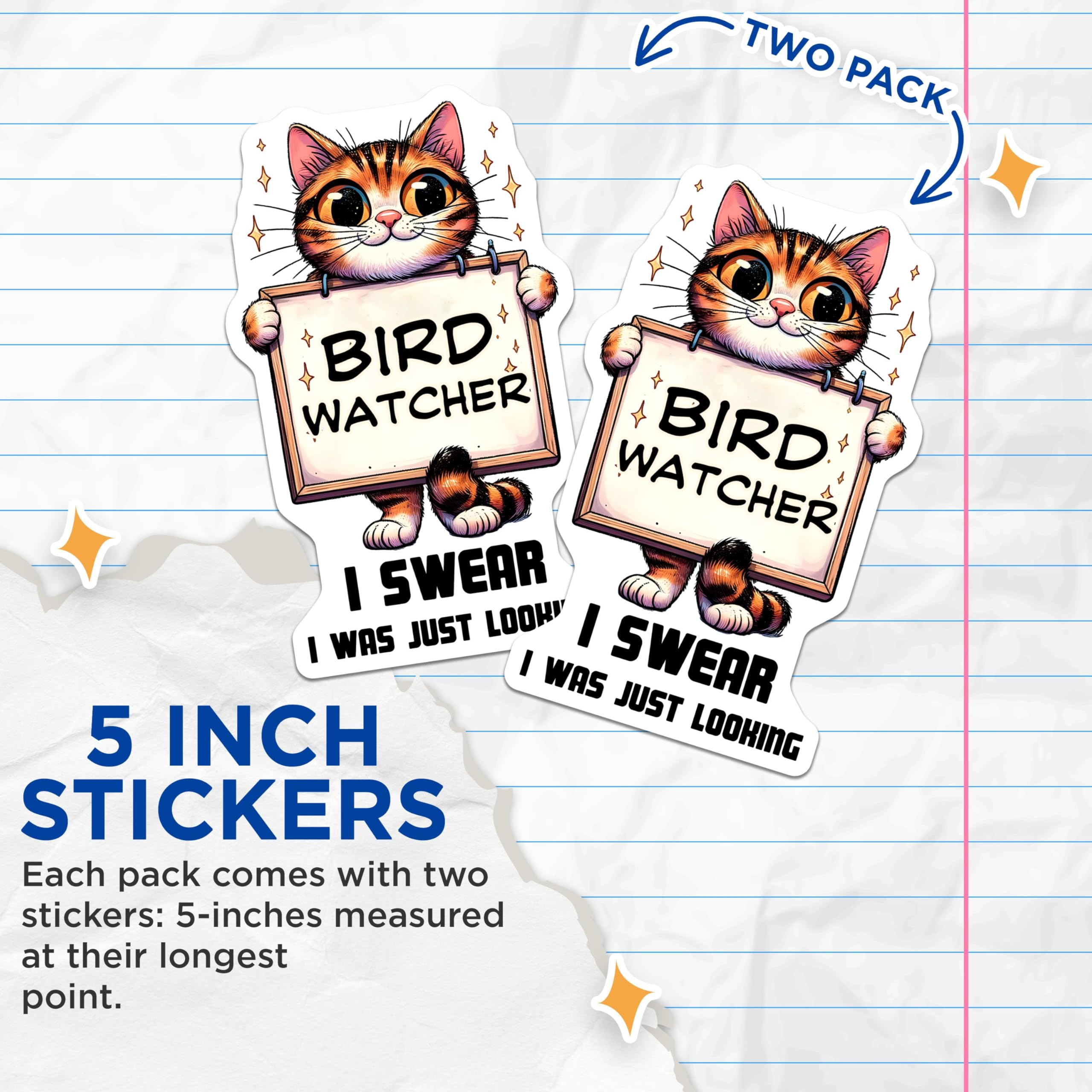 (2 Pack) Bird Watcher Cat Stickers - Cat Lover Accessories - Funny Pet Themed Decor - 5" On Longest Side - Sticks to Smooth Flat Surfaces - Made in USA - BMCS3731