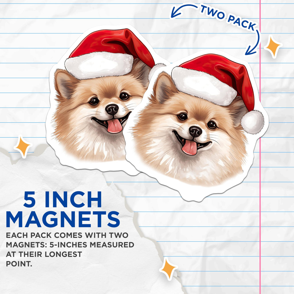 (2 Pack) Pomeranian Christmas Magnets - Santa Hat Dog - Holiday Pet Decor - 5 Inches On Longest Side - Thick Durable Magnet - Made in USA - MAG25644