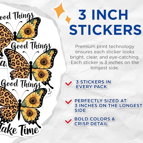 (3 Pack) Butterfly Decals - Leopard Print Sunflower - Good Things Take Time - 3 Inches On Longest Side - Easy Peel & Apply - Made in USA - 3MCS7581
