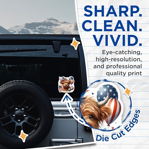 (2 Pack) Cute Highland Cow Stickers - Patriotic Highland Cow - Animal Lover Stickers - Fun Decorative Stickers - 5" On Longest Side - Sticks to Smooth Flat Surfaces - Made in USA - BMCS6331