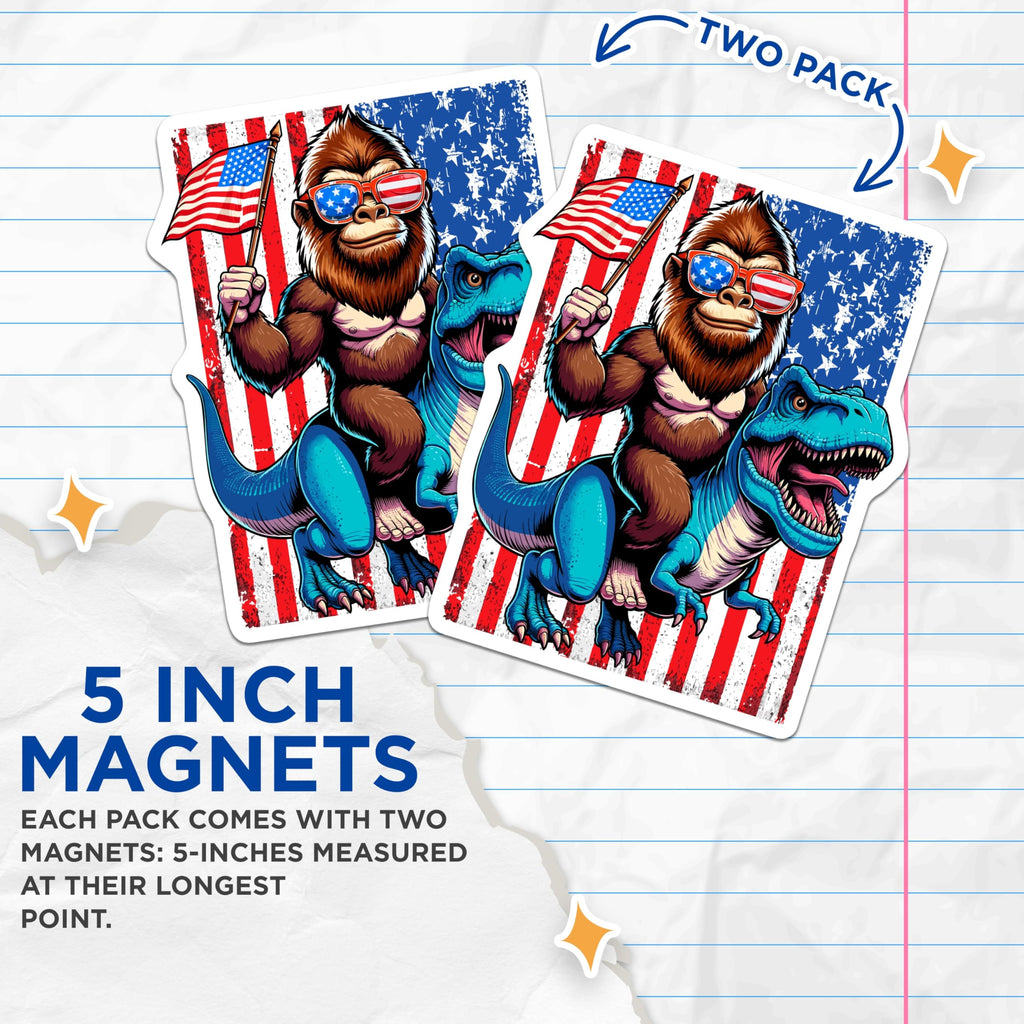 (2 Pack) Bigfoot T Rex Magnets - Funny Sasquatch American Flag Dinosaur Ride - Patriotic Cryptid USA Independence Day Decor - 5 Inches On Longest Side - Thick Durable Magnet - Made in USA - MAG20509