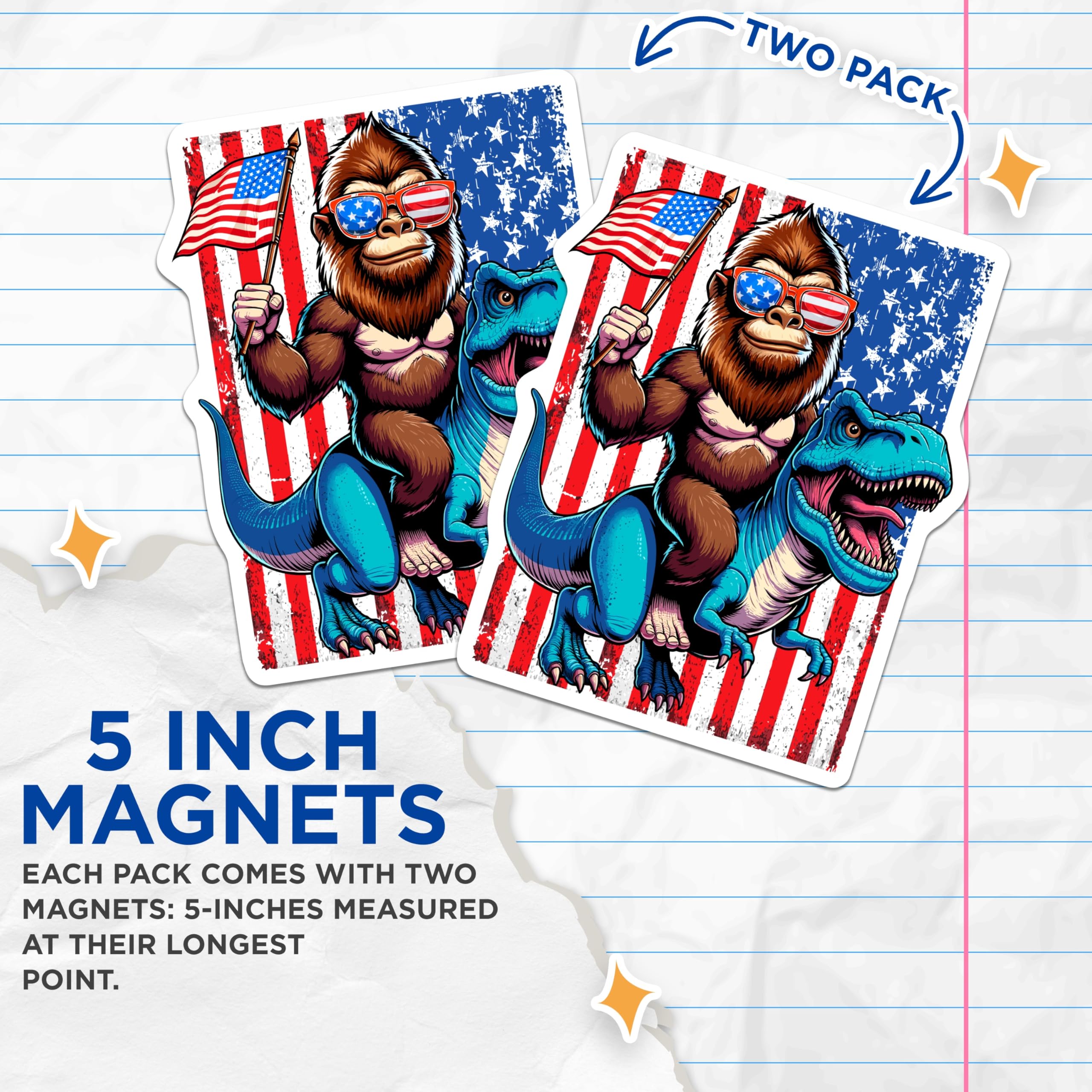 (2 Pack) Bigfoot T Rex Magnets - Funny Sasquatch American Flag Dinosaur Ride - Patriotic Cryptid USA Independence Day Decor - 5 Inches On Longest Side - Thick Durable Magnet - Made in USA - MAG20509