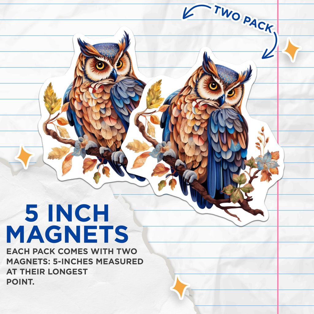 (2 Pack) Woodland Owl Magnets - Forest Animal Refrigerator Decor - Autumn Bird Art Accent - 5 Inches On Longest Side - Thick Durable Magnet - Made in USA - MAG39974