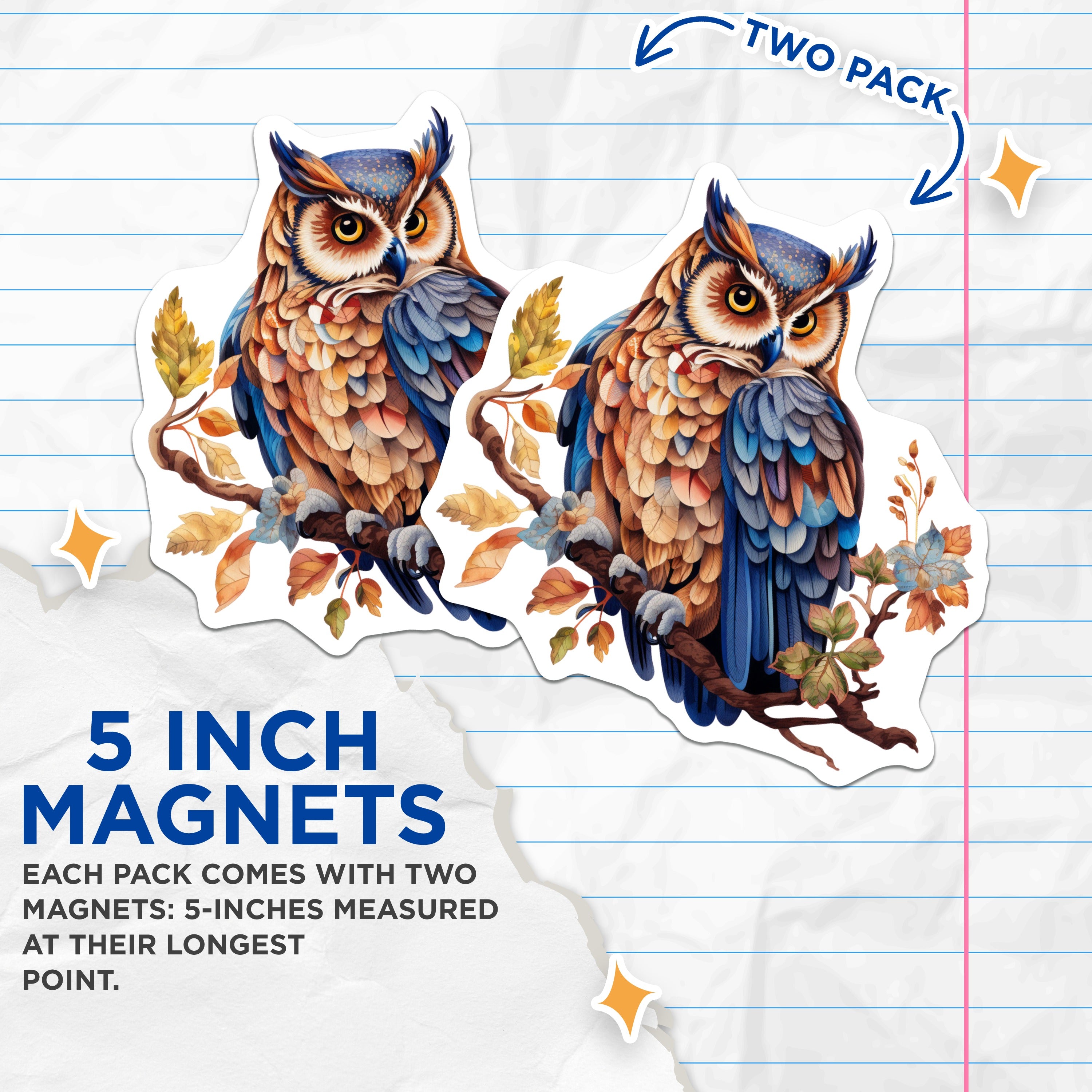 (2 Pack) Woodland Owl Magnets - Forest Animal Refrigerator Decor - Autumn Bird Art Accent - 5 Inches On Longest Side - Thick Durable Magnet - Made in USA - MAG39974