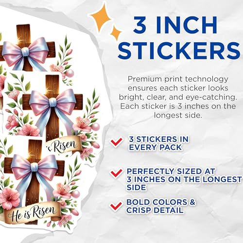 (3 Pack) He is Risen Decals - Floral Easter Cross - Religious Easter Stickers - 3 Inches On Longest Side - Easy Peel & Apply - Made in USA - 3MCS7518