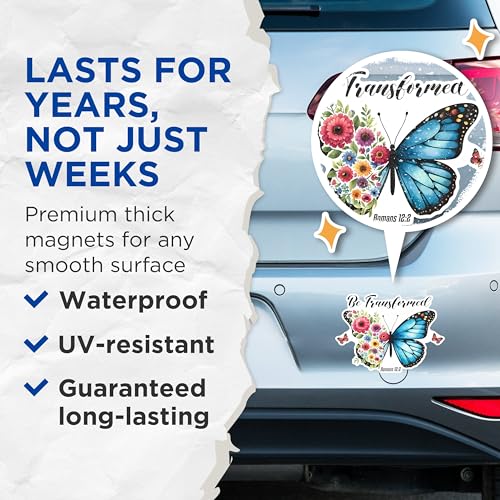 (2 Pack) Uplifting Be Transformed Magnets - Inspirational Romans 12:2 Floral Butterfly - Christian - 5" On Longest Side - for Fridges, Toolboxes, Cars - Made in USA - MAG2834