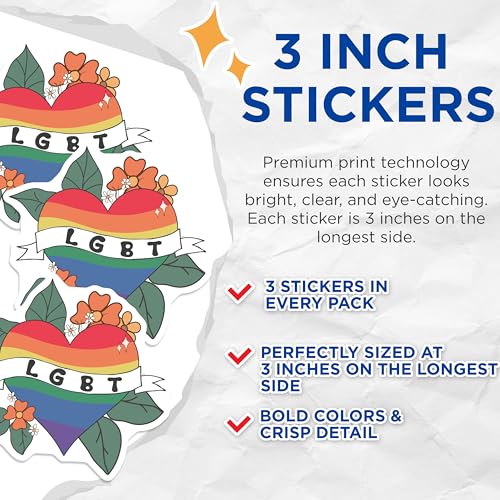 (3 Pack) LGBT Heart Decals - Pride Rainbow - Laptop Decals - 3 Inches On Longest Side - Easy Peel & Apply - Made in USA - 3MCS6021
