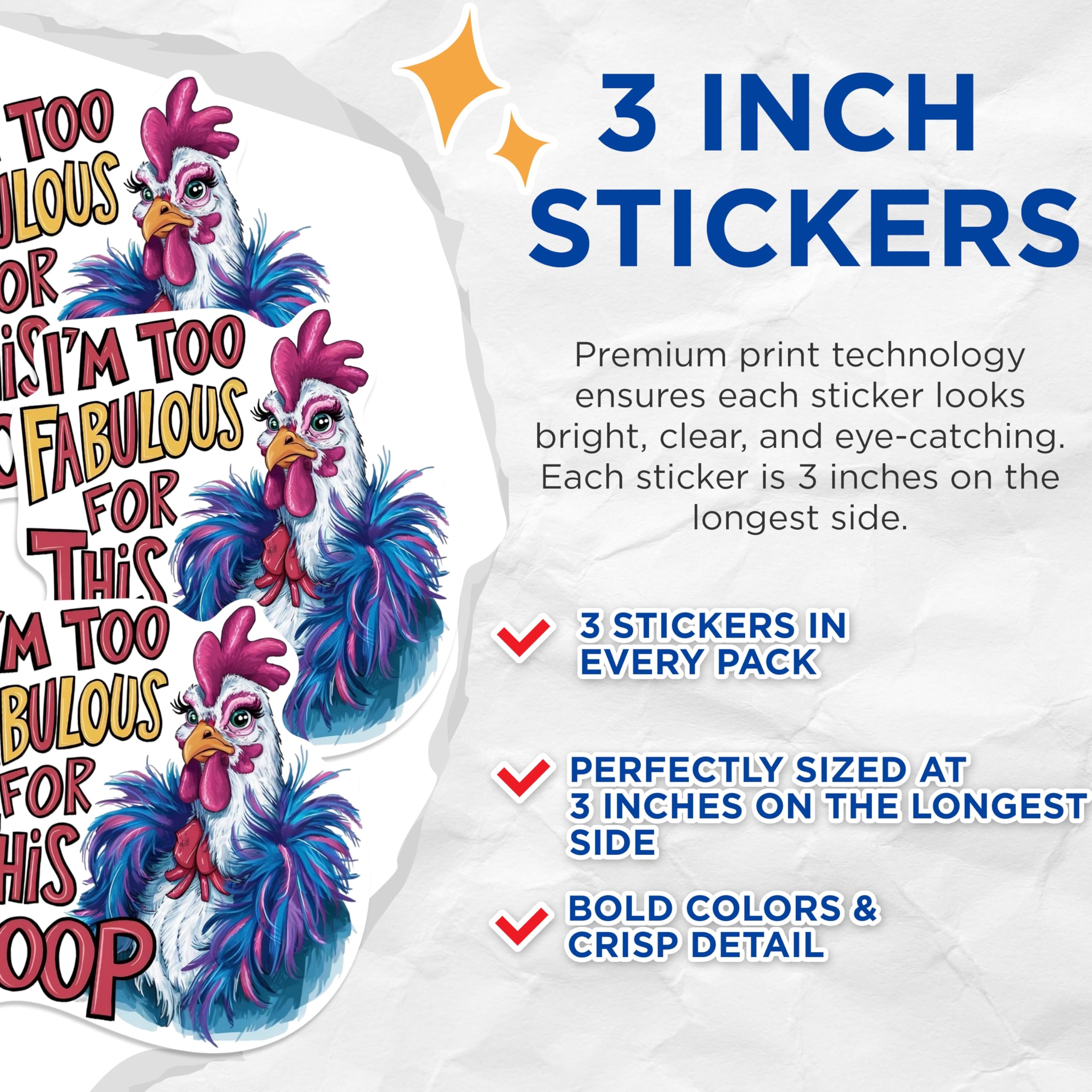 (3 Pack) Fabulous Chicken Decals - Funny Chicken Coop - Decorative Chicken Art - 3 Inches On Longest Side - Easy Peel & Apply - Made in USA - 3MCS1016