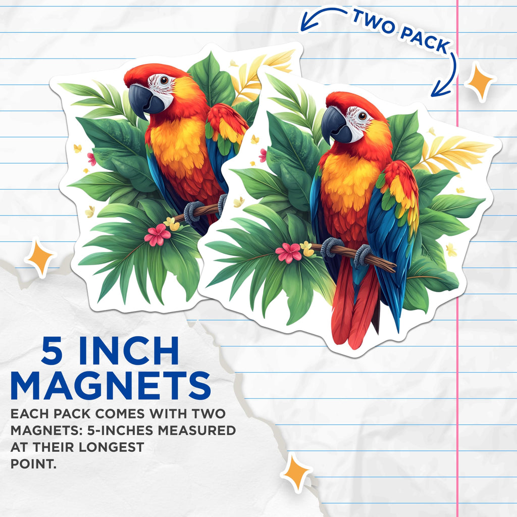 (2 Pack) Scarlet Macaw Parrot Magnets - Colorful Tropical Bird Art - Exotic Jungle Wildlife Nature Decor Display - 5 Inches On Longest Side - Thick Durable Magnet - Made in USA - MAG24118