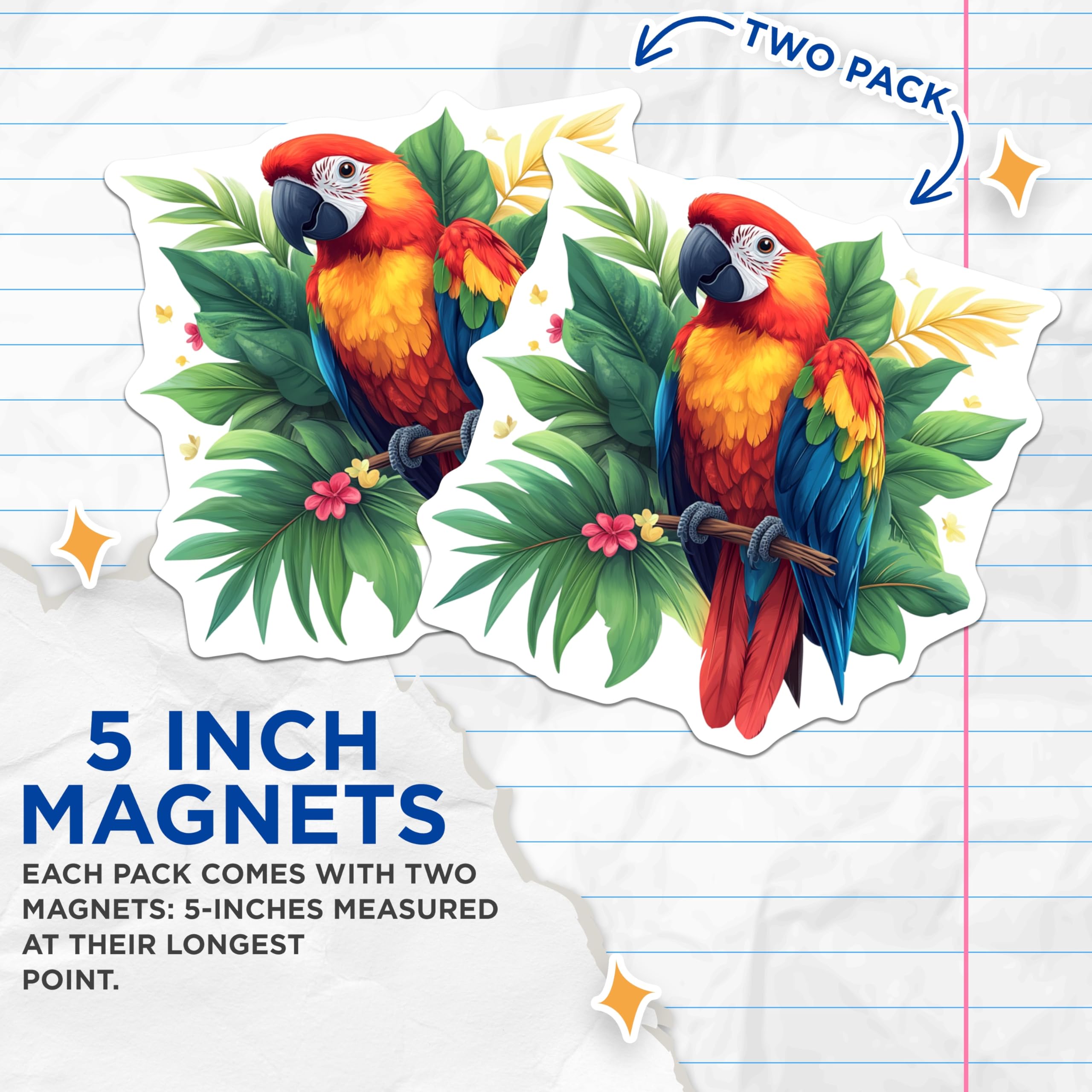 (2 Pack) Scarlet Macaw Parrot Magnets - Colorful Tropical Bird Art - Exotic Jungle Wildlife Nature Decor Display - 5 Inches On Longest Side - Thick Durable Magnet - Made in USA - MAG24118